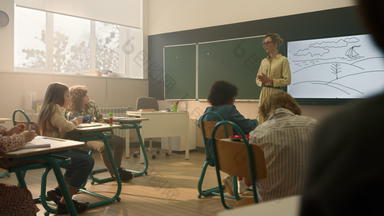 小学生坐着桌子教室教师教学学生